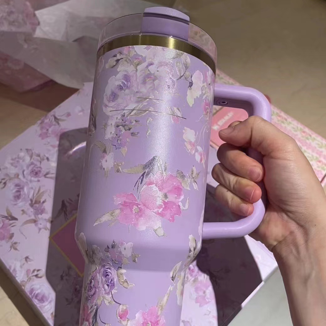 US STOCK 40oz TUMBLER Blue Magnolia Wickde- Evil Pink Stainless Steel Tumbler with Silicone Handle Lid and Straw Cups Mug Target water bottles