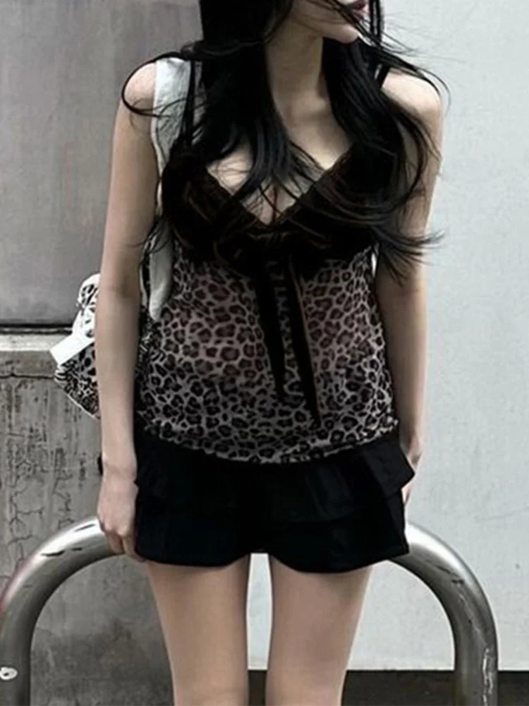 Leopard Mesh crop top y2k bow velvet patch See Through Mini Vest Grunge Korean retro Camisole lace ruffled tank 250324Z
