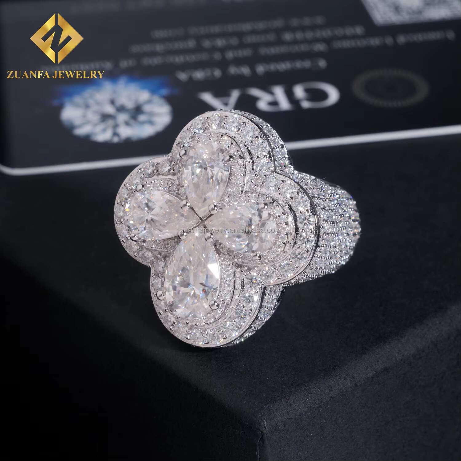 Pass Diamond Tester Stylish Style Rhodium Plated Luxury Iced Out Jewelry VVS1 Pear Moissanite Diamond Hip Hop Flower Ring Men