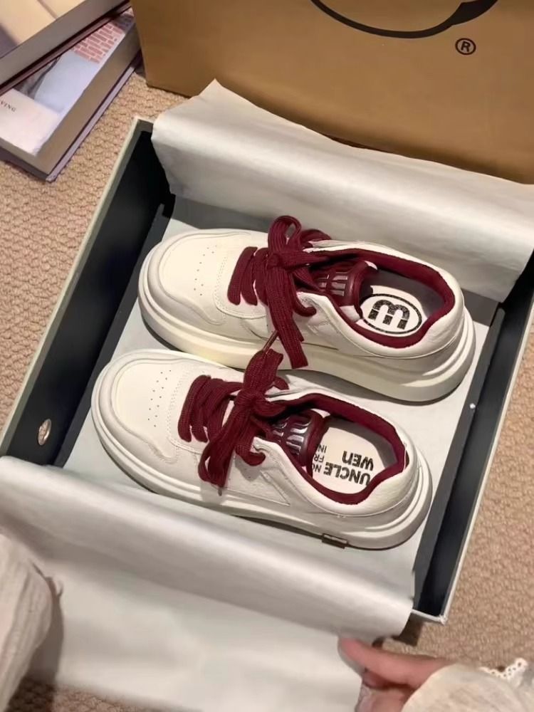 for Women: Anchor Red hot Leather Sneakers with Sponge Cake Sole - Thick, Soft & Height Increasing White Athletic Shoes