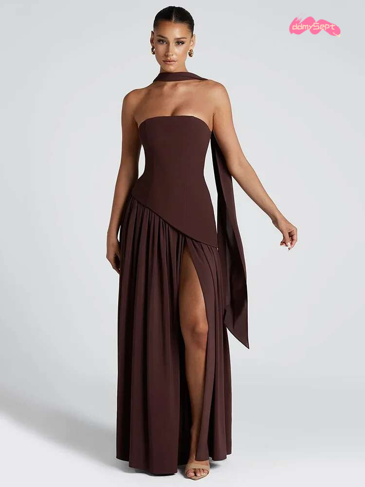 Mozision Strapless Off-shoulder Sexy Maxi For Women Gown Patchwork Scarf Collar Thigh High Split Club Party Long Dress ddmySept