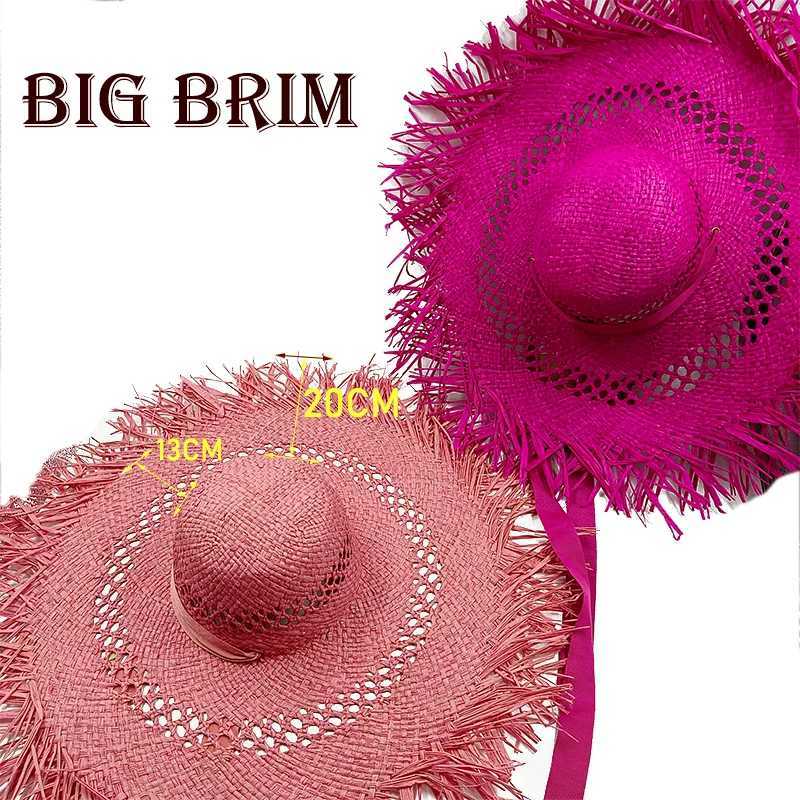 Big Brim Beach Hat For Wen Summer Seaside Raffia Straw Hat Travel Vacation Visor Sun Hat Wens Hat With Colored Raw Edges X250329