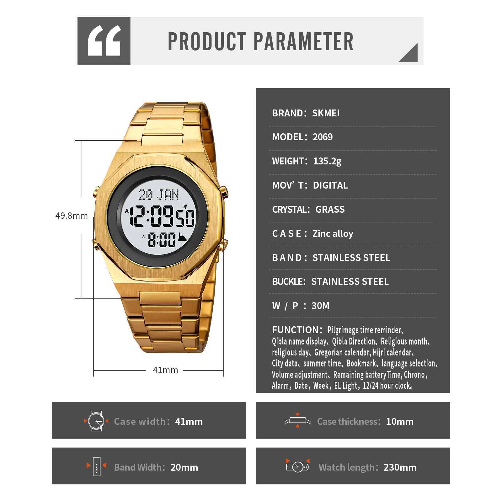SKMEI Mens Stainless Steel Digital Electronic Islamic Watch Muslim Azan Mens Strap Zipura Compass W250329