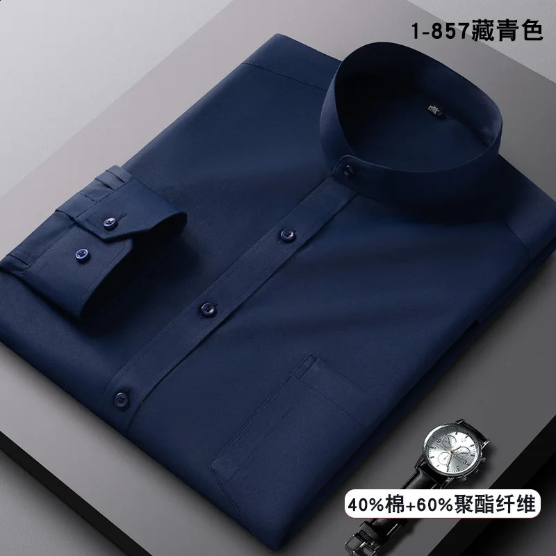 Stand up collar mens long sleeved Chinese Tang style dress breathable wrinkle resistant easy to care for business casual dress 250327