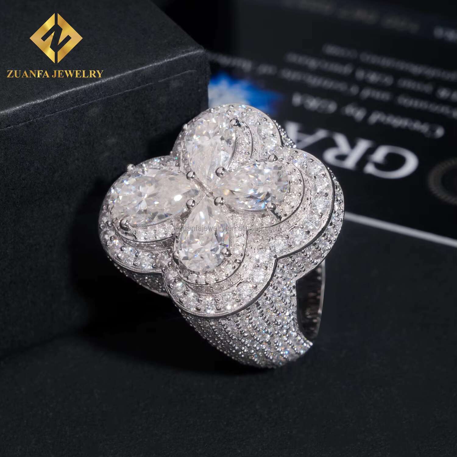Pass Diamond Tester Stylish Style Rhodium Plated Luxury Iced Out Jewelry VVS1 Pear Moissanite Diamond Hip Hop Flower Ring Men
