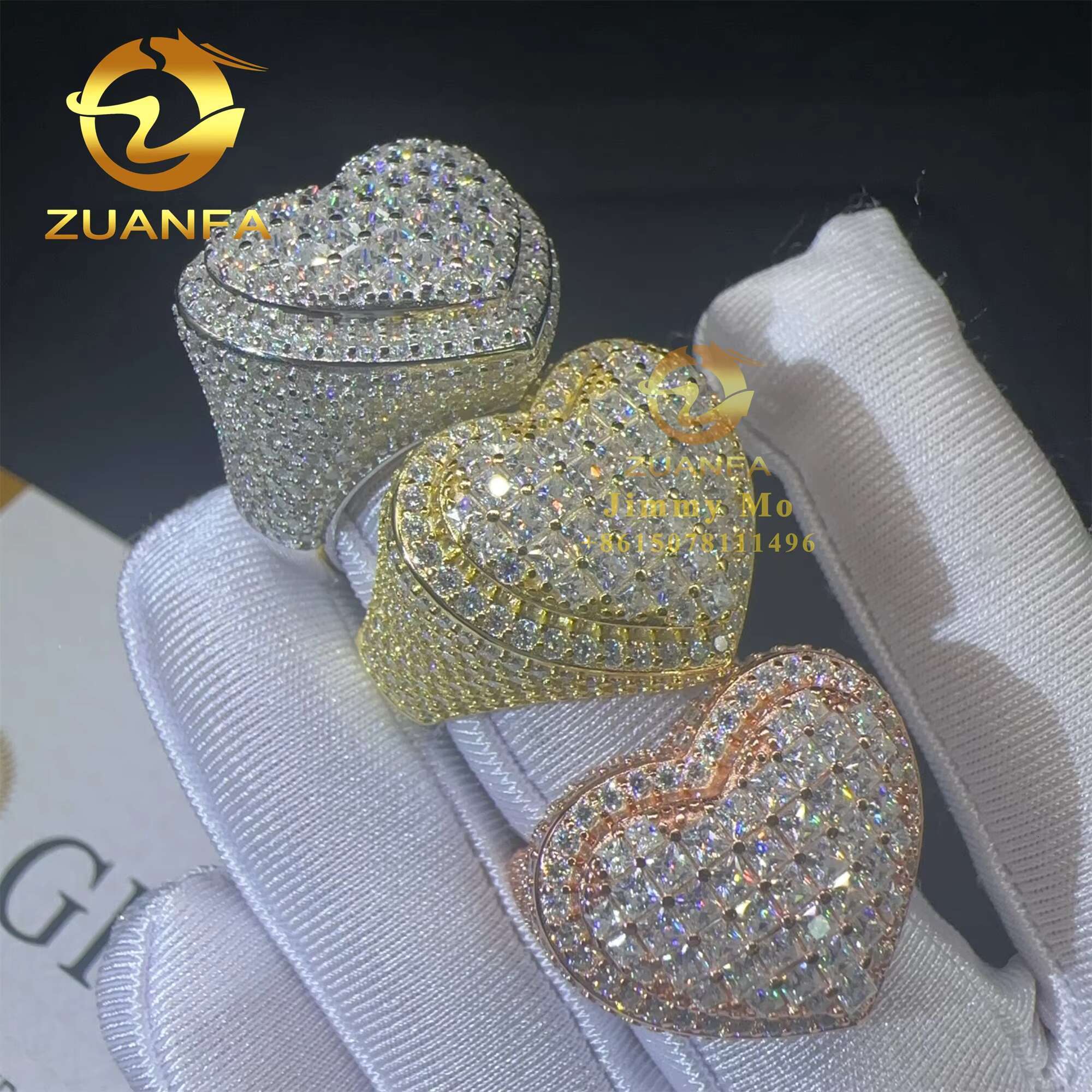 Bulk Stock Pass Diamond Tester 925 Sterling Silver Full With Baguette Moissanite Diamond Hip Hop Iced Out Heart Shape Ring Men
