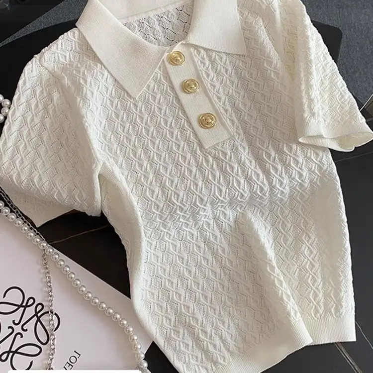 French High end Ice Silk Polo Shirt Women Summer Chic Thin Unique Jacquard Knitted Short Sleeve Loose White T-shirt Women Top250324