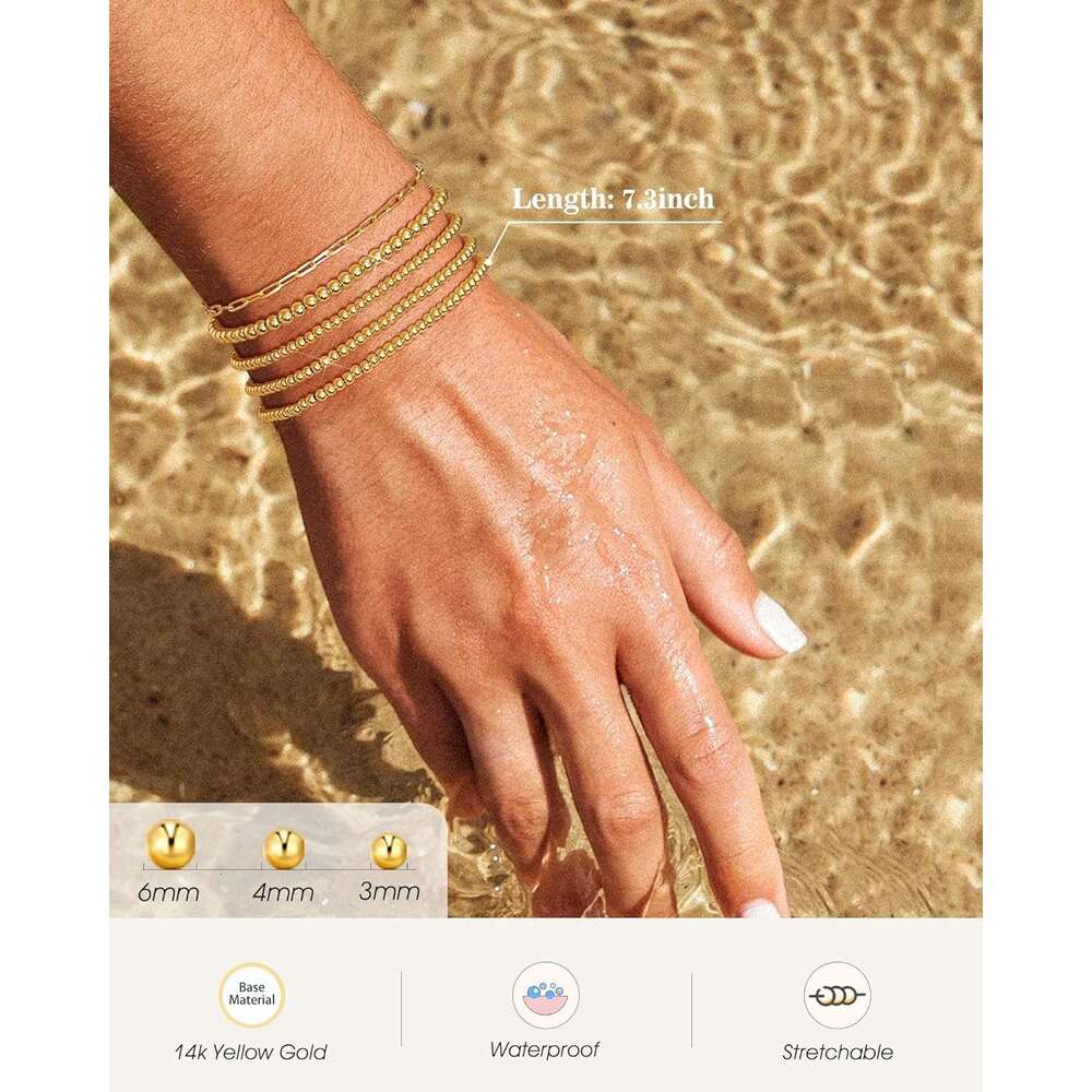 Beaded for Women 14K Plated Gold Stretch Bead Ball Bracelets Hypoallergenic Stackable Bracelet Set