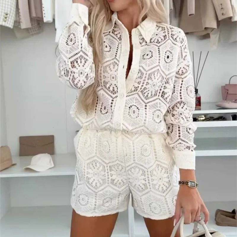 Summer White Lace Shirt Set Womens Spring Summer Long Sleeve Button Top 2-piece Set Elegant Party Clothing Womens 250328