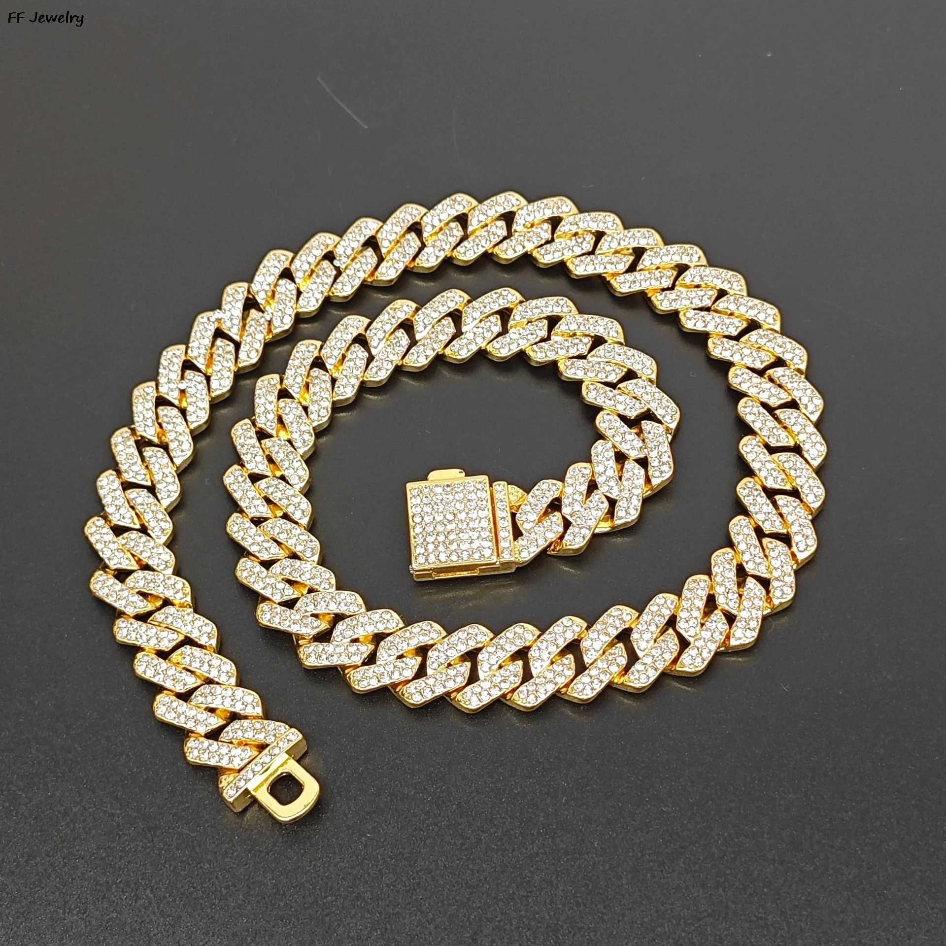 16/18/20/24 inch Cuban Link Chain Hip Hop Ice Out Paris Chain 2 Rows Rhinestone Shop Miami Diamond Cuban Mens Necklace Y250329