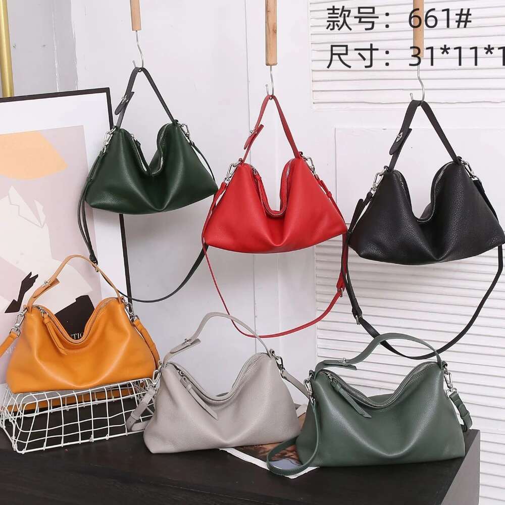 New Casual Large Capacity Soft Tote First Layer Cow Leather Women's Shoulder Bag Green Cowskin Half Moon Armpit Handbag