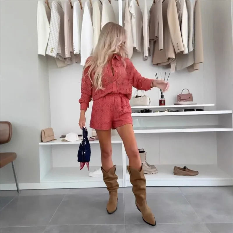 Summer White Lace Shirt Set Womens Spring Summer Long Sleeve Button Top 2-piece Set Elegant Party Clothing Womens 250328