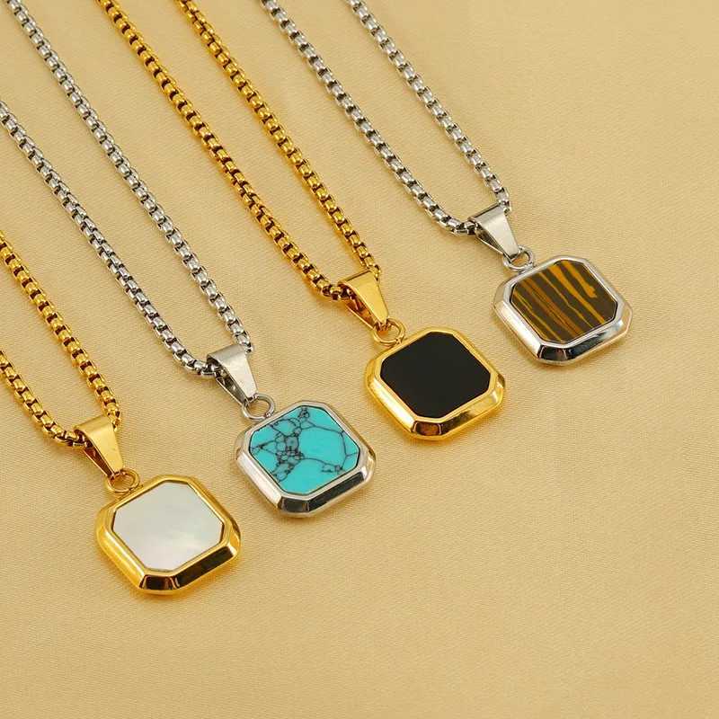 Fashion stainless steel hip-hop chain turquoise square necklace for men and women bulk sales Y250329