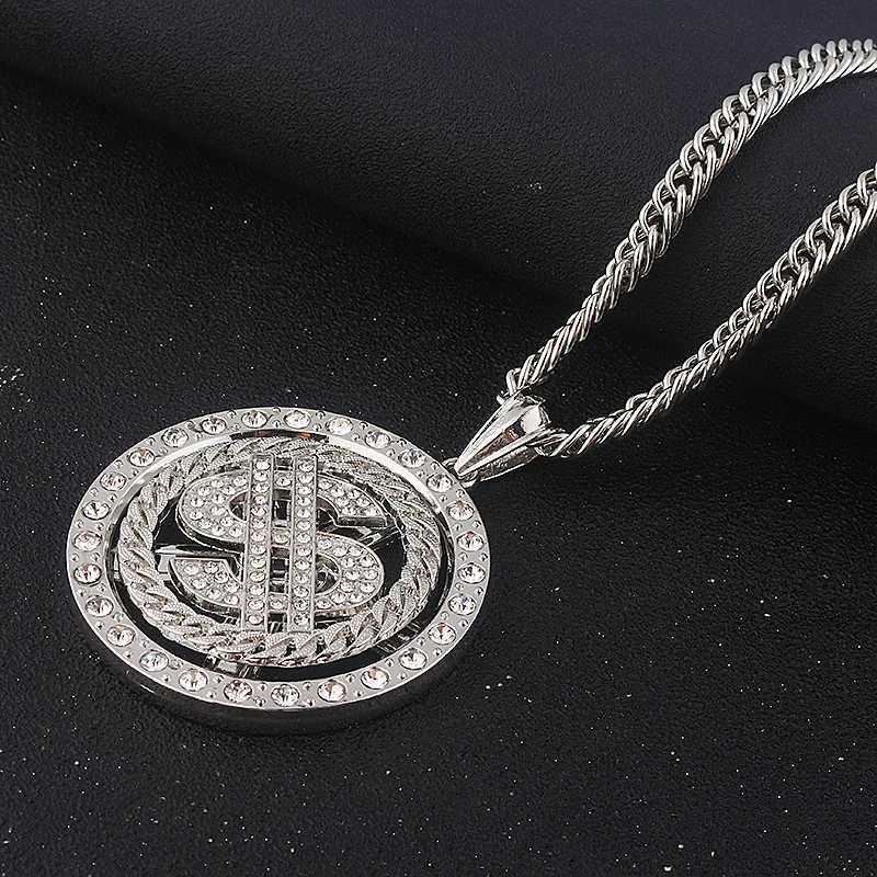 Large Rotating Dollar Coin Signature Pendant Necklace Mens Rap Singer Hip Hop Punk Long Chain Necklace Womens Statement Necklace Gift Y250329