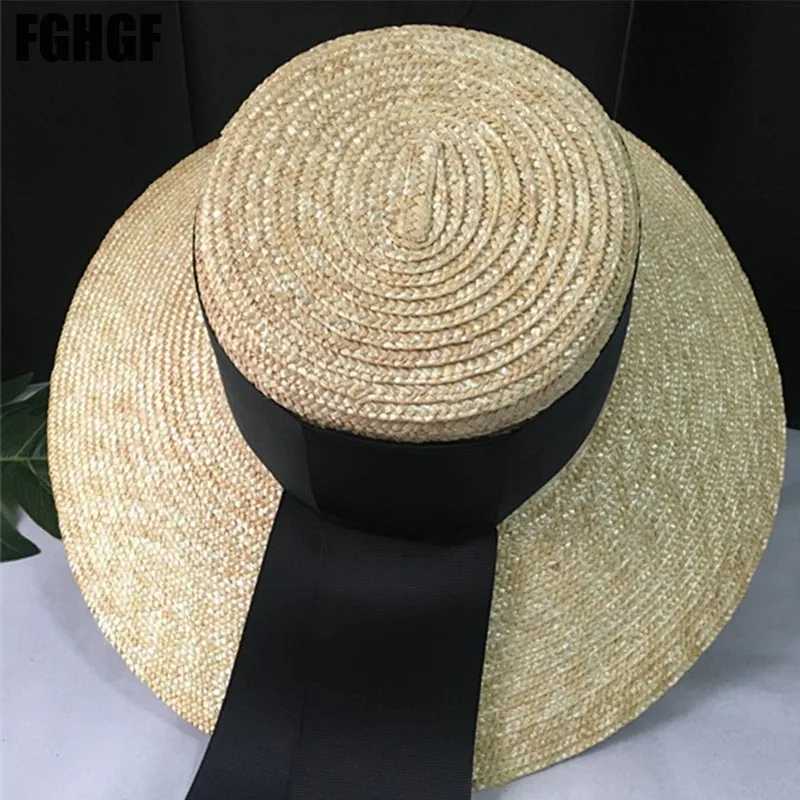 Natural womens sun hat black ribbon 12cm 15cm flat top wide and wide Brim straw hat Chapeu Sombrero beach hatXJ250329