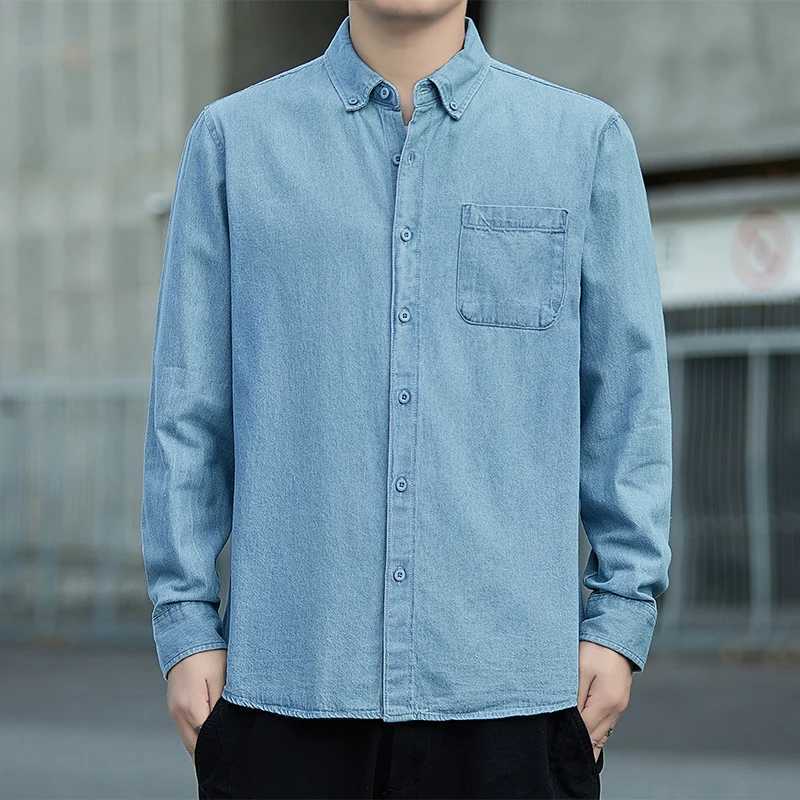 Spring and autumn mens denim shirt cotton long solid color slim casual shirt mens blue T-shirt daily jeans top X250329