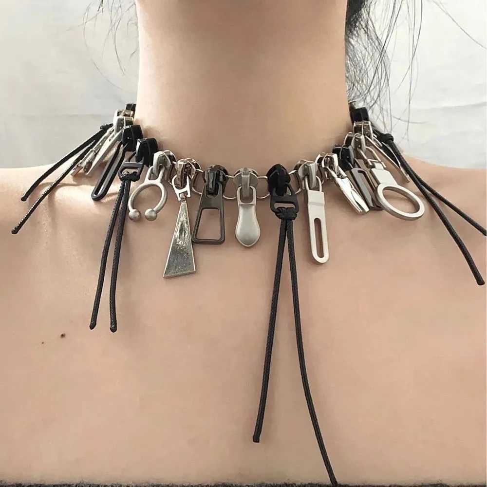 Cyber Punk Zipper Necklace Fringe Chain Y2k Hip Hop Choker Mens Wens Fashion Personty Jewelry AccoriesC250329