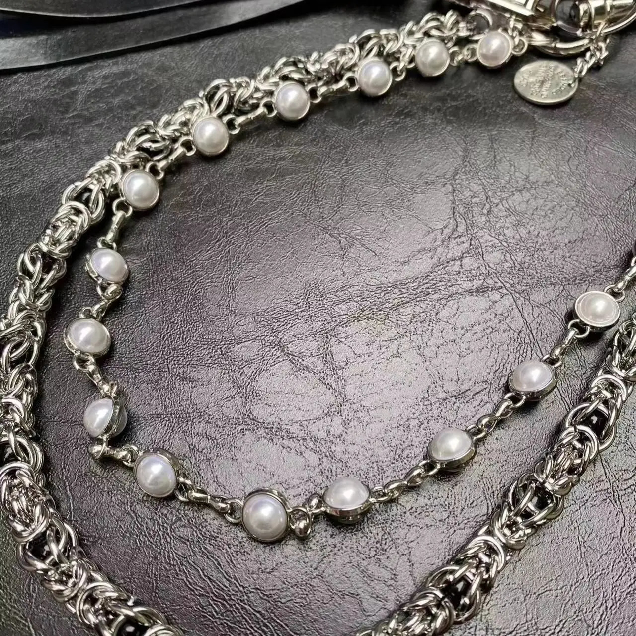 Hip hop punk style denim chain fashionable double-layer bead keychain accessory 250326