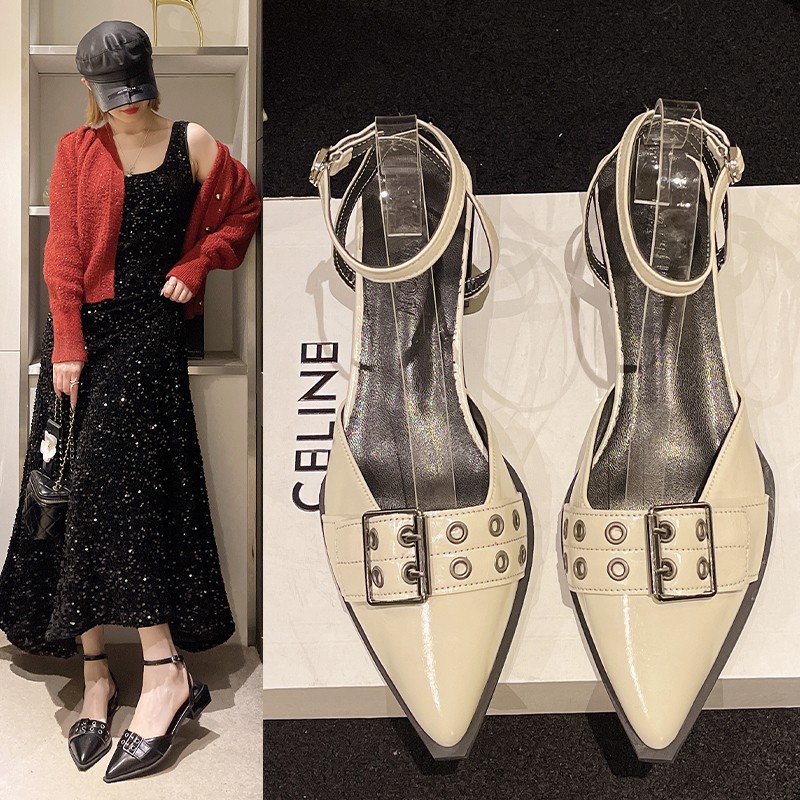 Designer Coarse heeled sandals free Shipping Middle heel slipper One word with cool sandal Pointed toe toe single shoe HOT 2025
