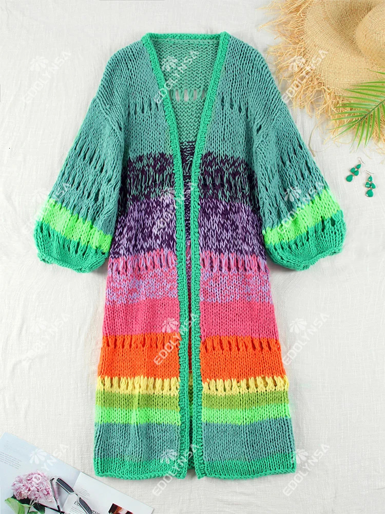 Bohemian color handmade knitted bell sleeve crochet loose kimono cardigan womens autumn and winter coat beach coat K12 250327