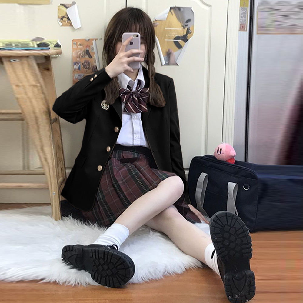 H328College Student Defense Suit Jacket - Elegant Dark Blue JK Outfit for Women