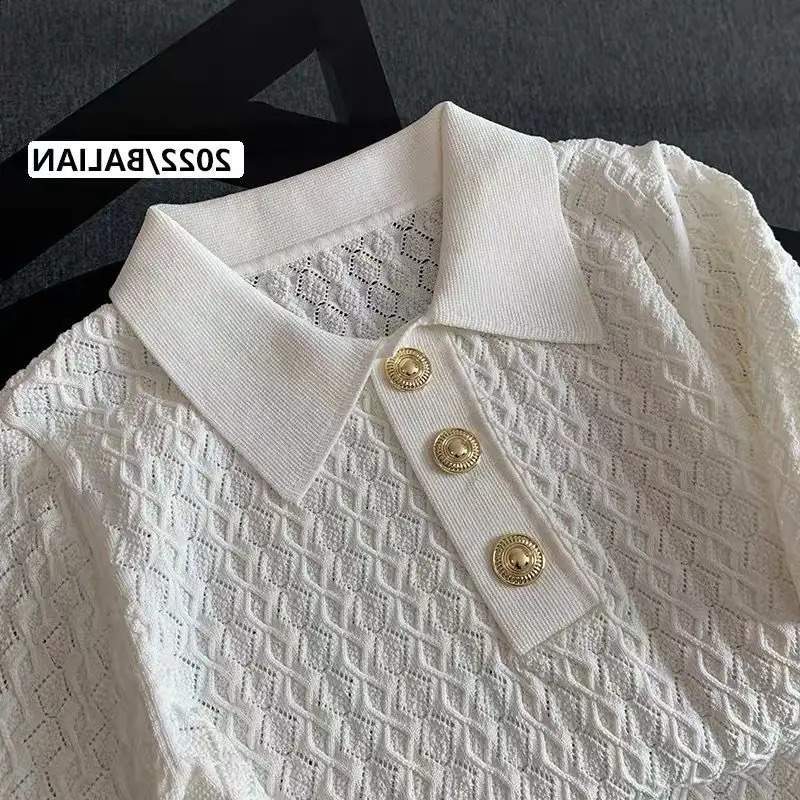 French High end Ice Silk Polo Shirt Women Summer Chic Thin Unique Jacquard Knitted Short Sleeve Loose White T-shirt Women Top250324