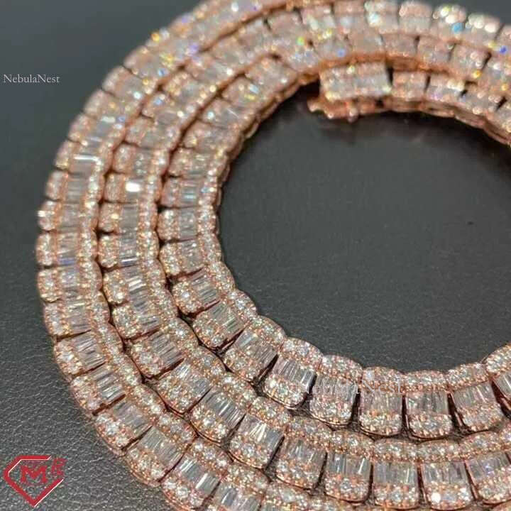 Hot Selg Elegant Baguette Necklace Iced Out Rose Gold Plated S Vvs Dia Sier Moissanite Tennis Chain10mm