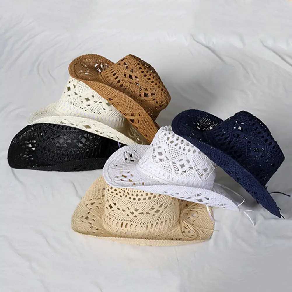 Hollow Out Floppy Straw Hat Vintage Western Cowboy Hat For Mens Gentleman Lady Jazz Hat Cowgirl Sun Cap Beach Hat Church Cap X250329