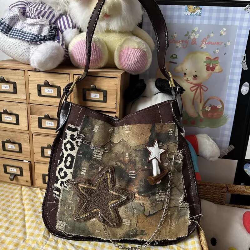 MBTI Vintage Y2k Womens Shoulder Punk Fashion Chain Casual Messenger Bag High Street Patchwork Large Capacity Female Handbag
