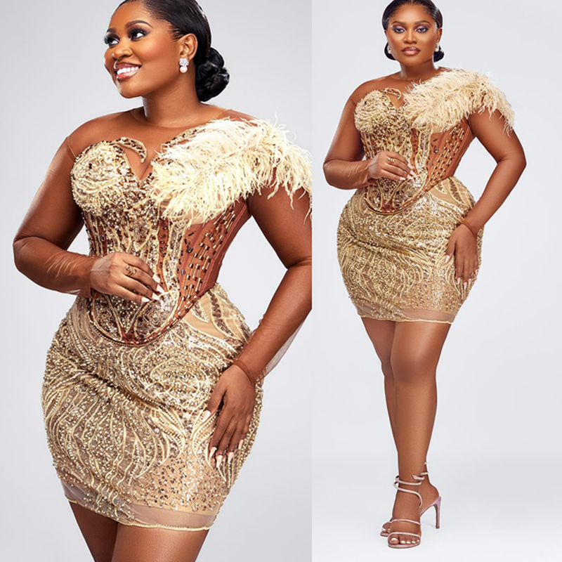 2025 Aso Ebi Gold Cocktail Dresses For Women Short Prom Dresses Mini Dresses Birthday Dresses Appliqued Beaded Sequined Lace Flora Gowns For Special O
