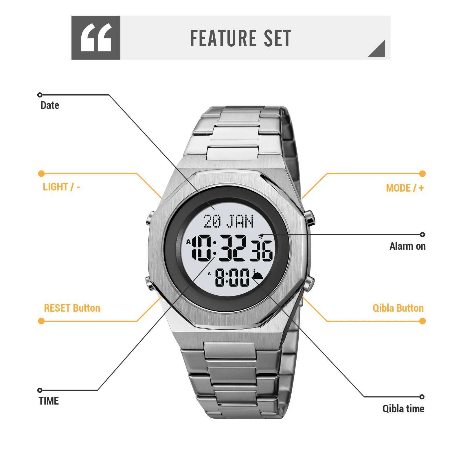 SKMEI Mens Stainless Steel Digital Electronic Islamic Watch Muslim Azan Mens Strap Zipura Compass W250329