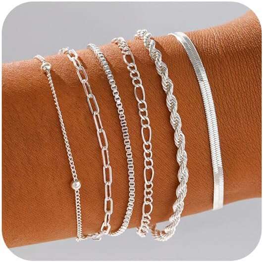 Gold/Sier Women,14K Real Gold Plated Bracelets Stack Trendy Sets Stackable Snake Figaro Paperclip k Chain Adjustable Bracelet Pack Jewelry for Women