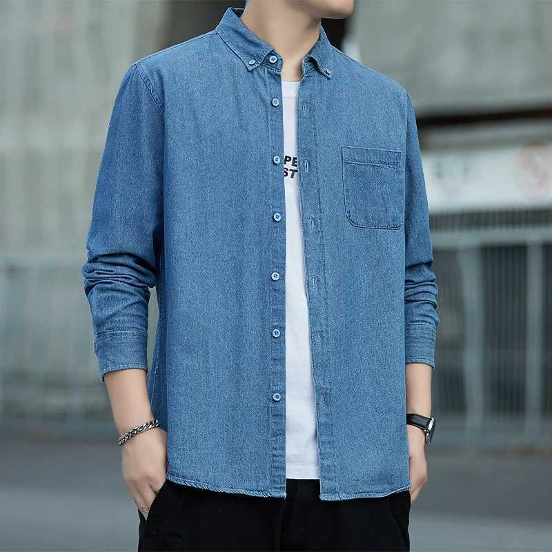 Spring and autumn mens denim shirt cotton long solid color slim casual shirt mens blue T-shirt daily jeans top X250329