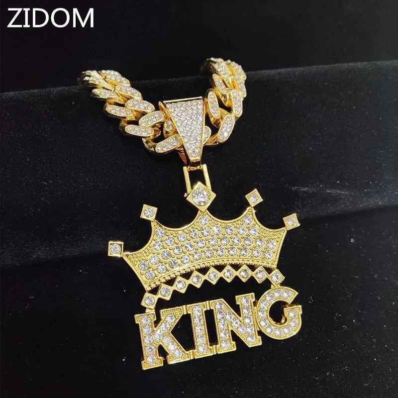 Mens Hip Hop Crown with King Pendant Necklace 13mm Crystal Cuban Chain Hip Hop Chain Ice Out Sparkling Necklace Fashionable Charm Jewelry Y250329