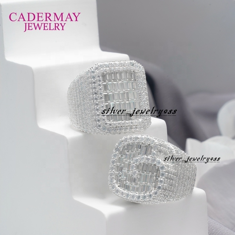 Cadermay Custom Hip Hop Baguette and Round Shape Moissanite D VVS1 Cuban Silver925 Man Rings Band