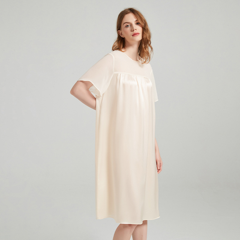 H82290 High qualityMulberry silk pajamas Georgette stitching round neck silk nightdress babydoll dress elegant ladies home wear