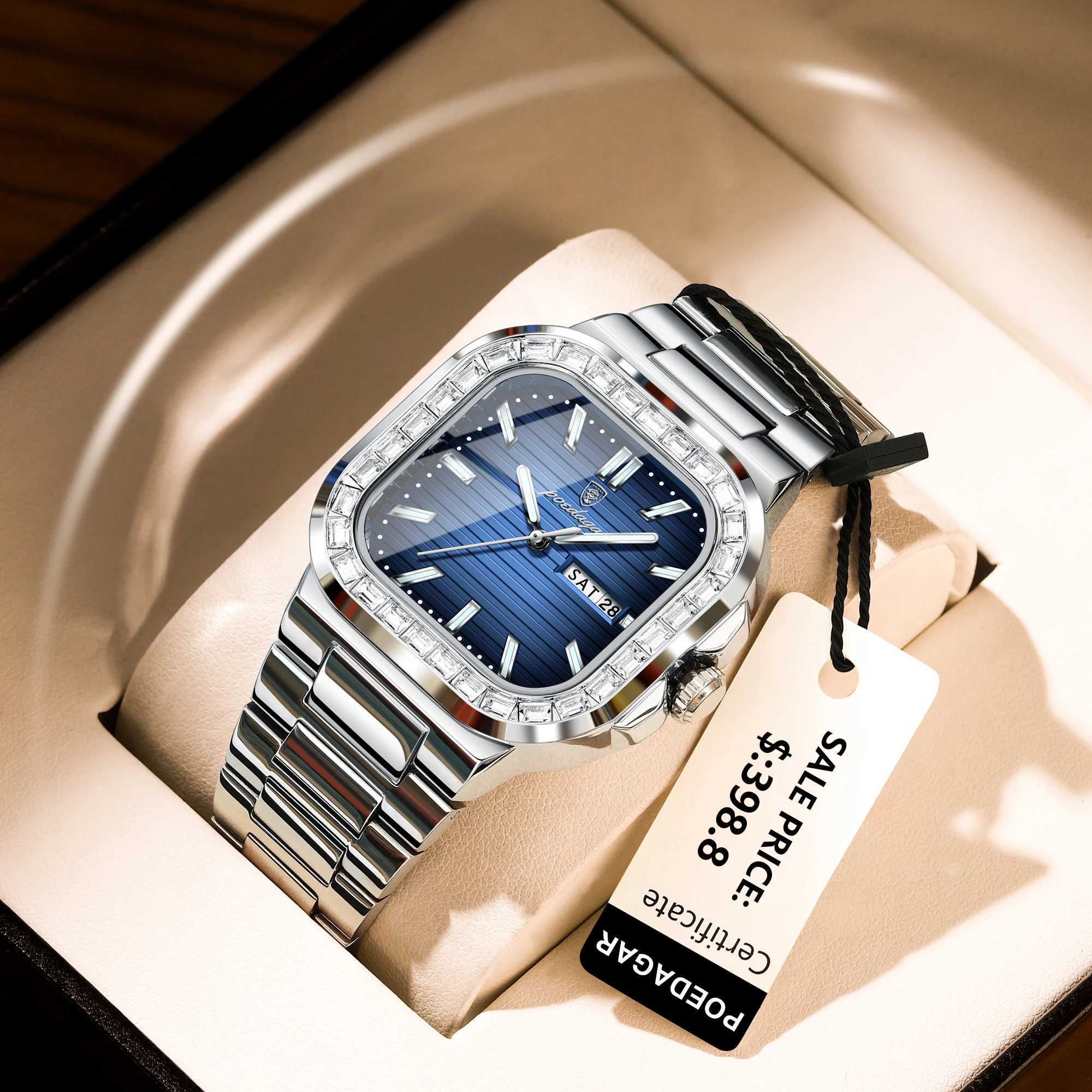 Poedagar Top Brand Luxury Mens Waterproof Luminous Date Week Mens Wrist Stainless Steel Square Quartz Mens Watch W250329