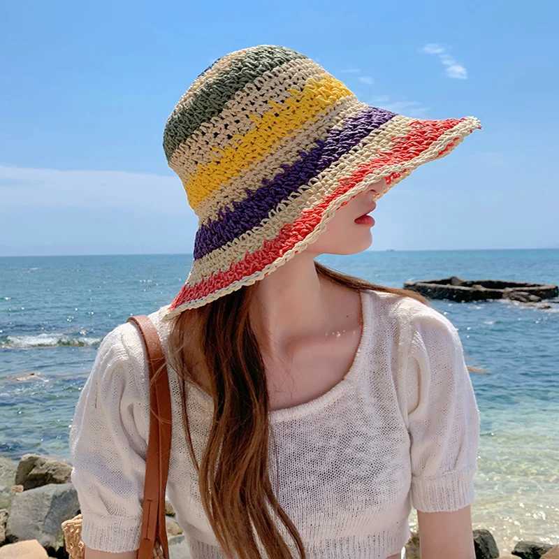 Rainbow straw hat womens summer sun umbrella handmade crochet large Brim bucket hat womens beach sun hat Bohemian girls fashion hatXJ250329