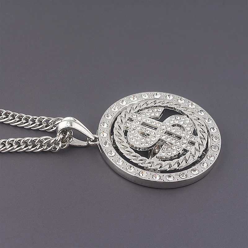 Large Rotating Dollar Coin Signature Pendant Necklace Mens Rap Singer Hip Hop Punk Long Chain Necklace Womens Statement Necklace Gift Y250329