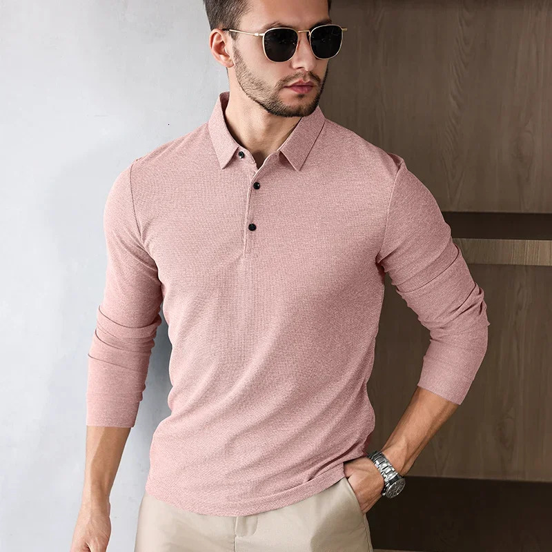 Mens business casual long sleeved solid color polo shirt fashionable breathable and comfortable Versatile top 250327