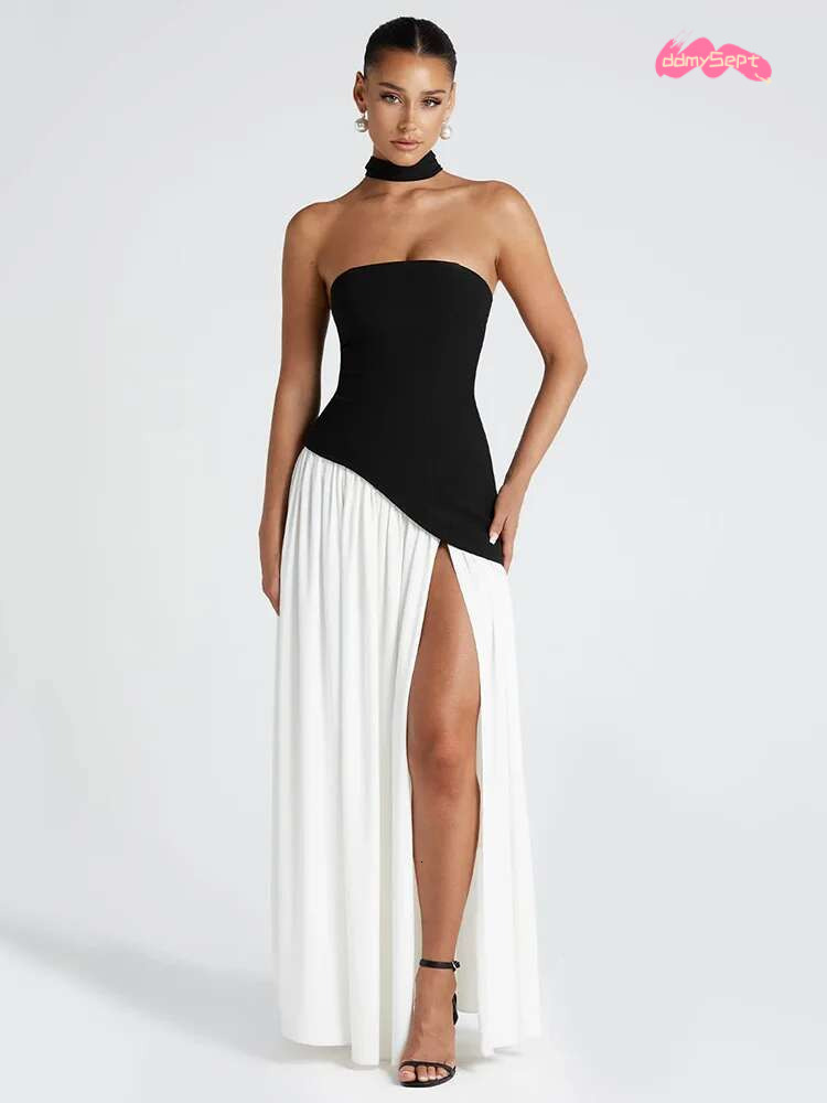 Mozision Strapless Off-shoulder Sexy Maxi For Women Gown Patchwork Scarf Collar Thigh High Split Club Party Long Dress ddmySept