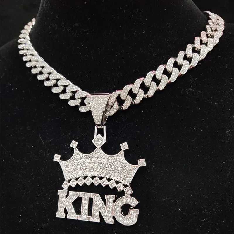 Mens Hip Hop Crown with King Pendant Necklace 13mm Crystal Cuban Chain Hip Hop Chain Ice Out Sparkling Necklace Fashionable Charm Jewelry Y250329