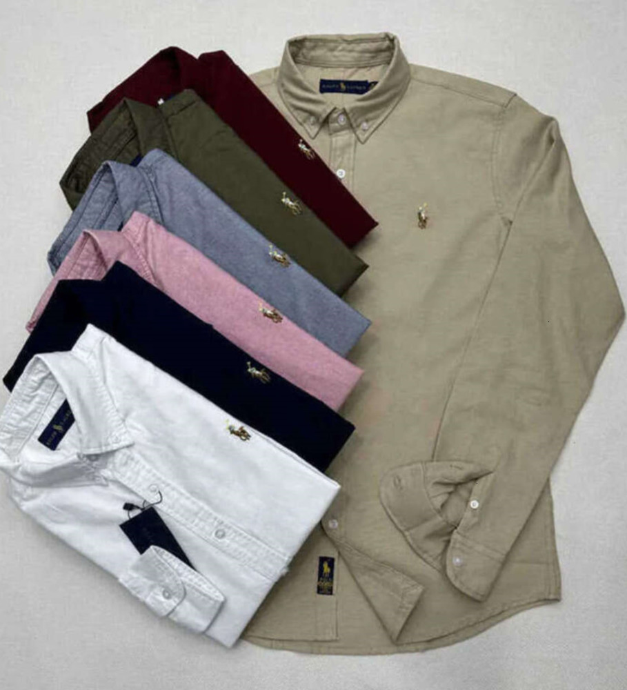 Mens Dress Shirts Spring and Autumn Solid Color Little Horse Boy Long Sleeve Cotton Shirt Business Stripe lasual Oxford Textile fallow POLO dk