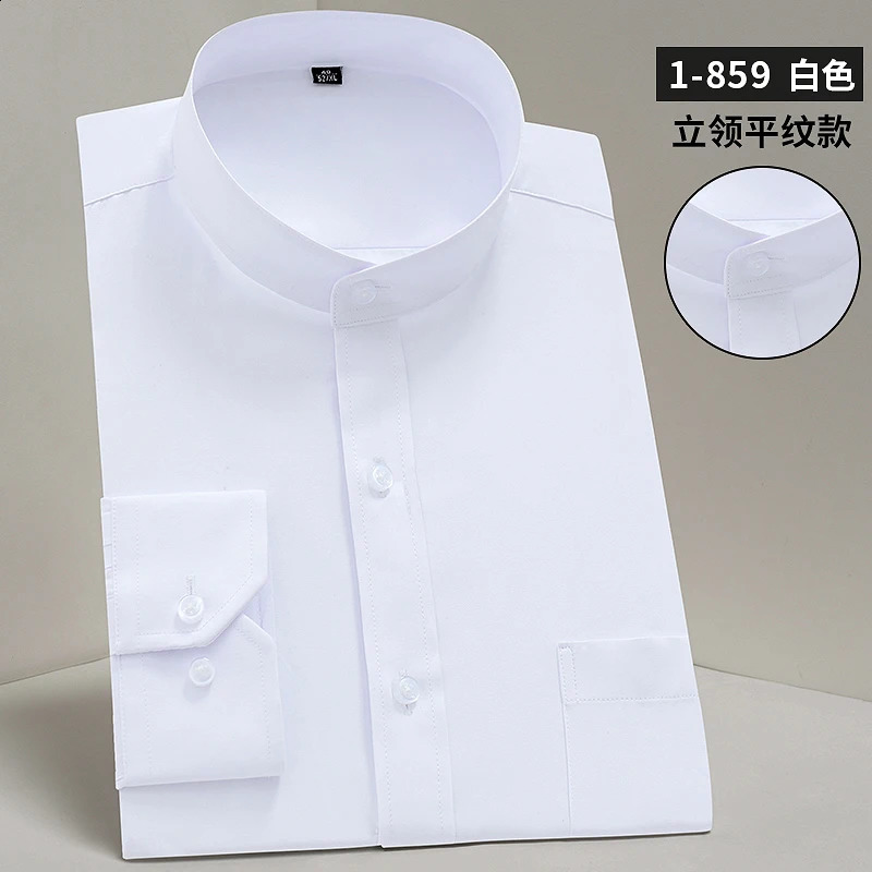 Stand up collar mens long sleeved Chinese Tang style dress breathable wrinkle resistant easy to care for business casual dress 250327