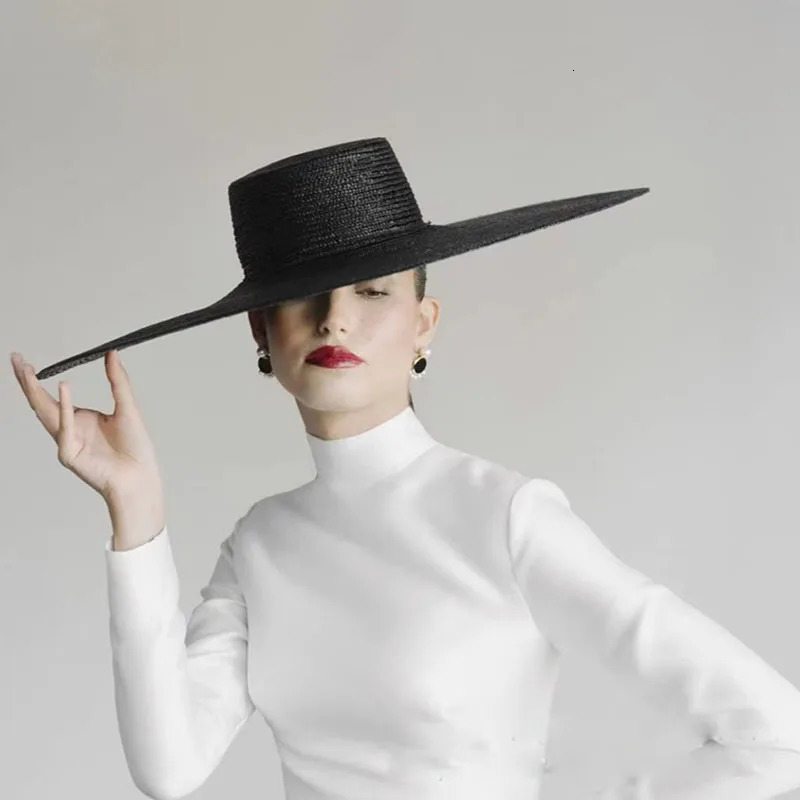 Spring Summer 18cm Wide Brim Black Straw Hat Flat Top Straw Hats For Women Elegant French Retro Sun Hat Hat 250328