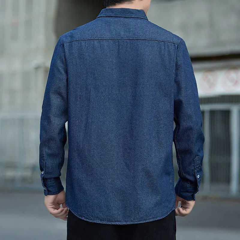 Spring and autumn mens denim shirt cotton long solid color slim casual shirt mens blue T-shirt daily jeans top X250329
