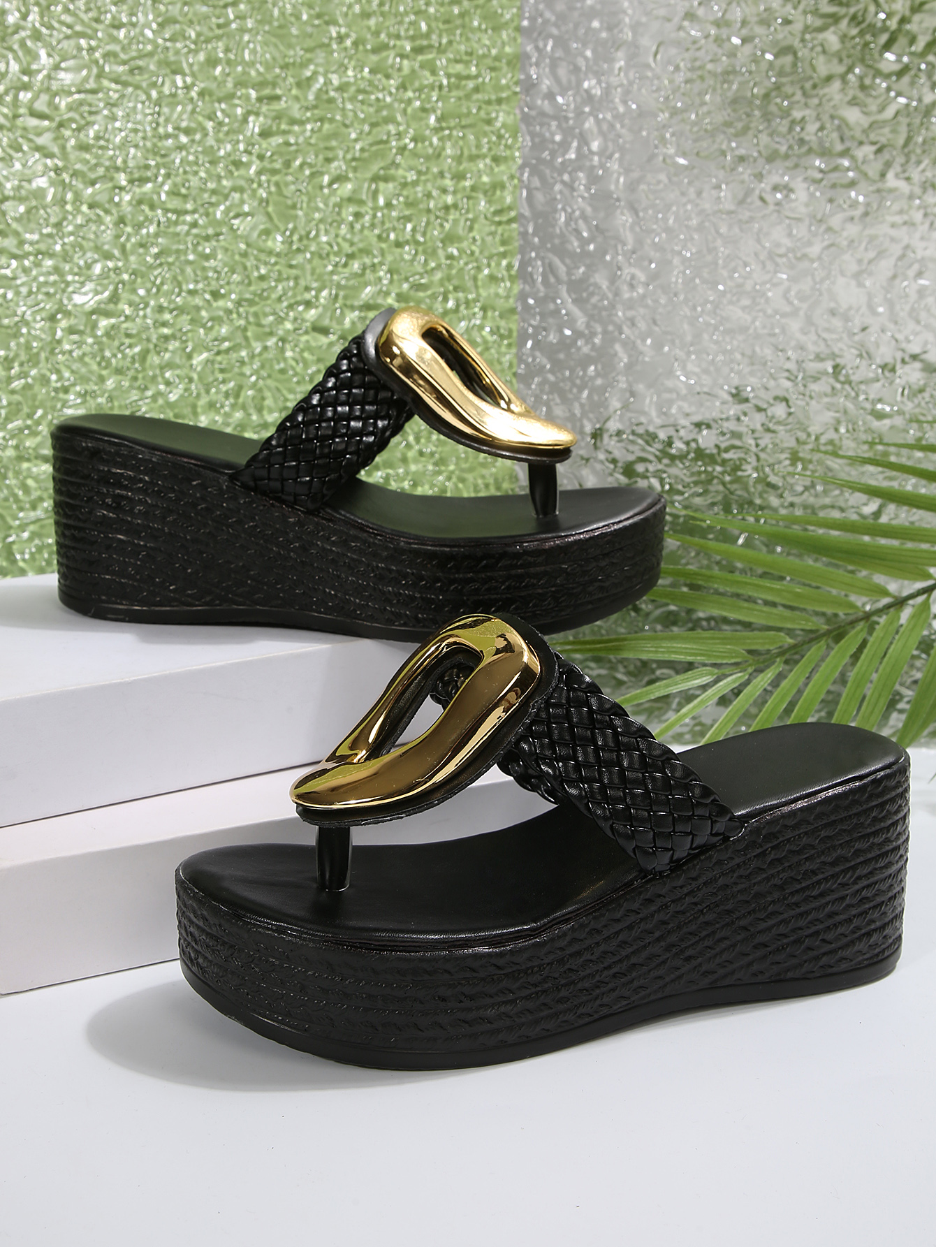 Chic Ladies' Casual Height Increasing Sandals - Comfy White Mesh Design with Gold Accents