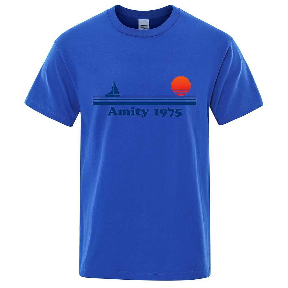Amity 1975 - Jaws Retro Print Tshirt Men Creativity Sweat Clothing Fashion Tee Clothes T Shirts Breathable Cotton T-Shirts Man X250329