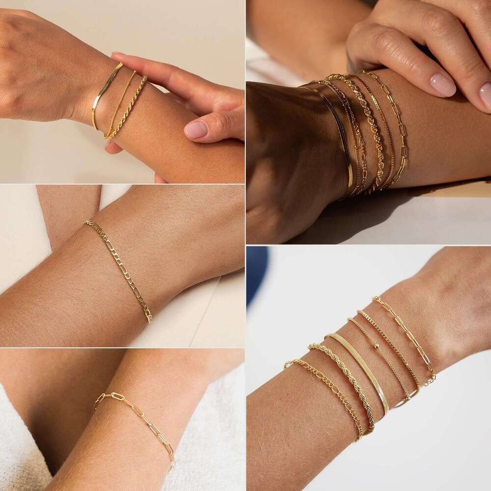 14K Gold Bracelets Sets Dainty Herringbone Jewelry Stackable Figaro Paperclip k Chain Cute Anklet Bracelet Pack for Women