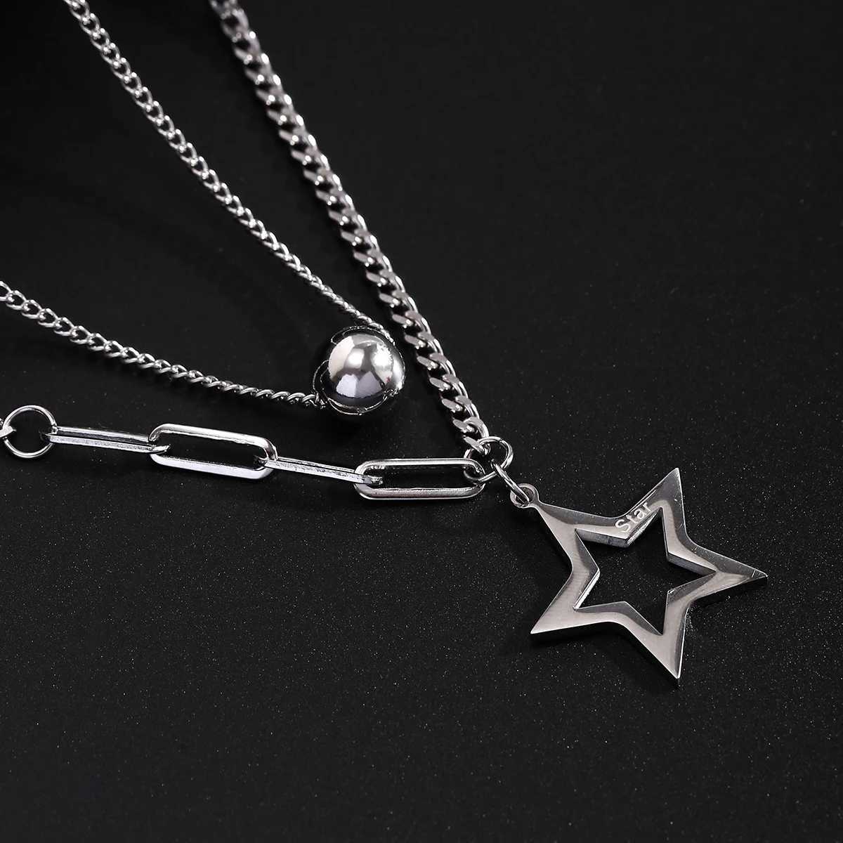 Salicon Titanium Steel Casual Star Pendant Necklace Mens Trend Double Link Short Necklace Punk Hip Hop Jewelry Y250329